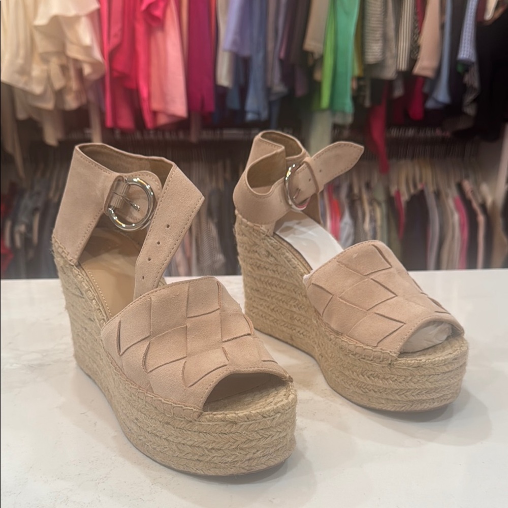 Marc Fisher Tan Wedge Espadrilles with Crisscross Straps
